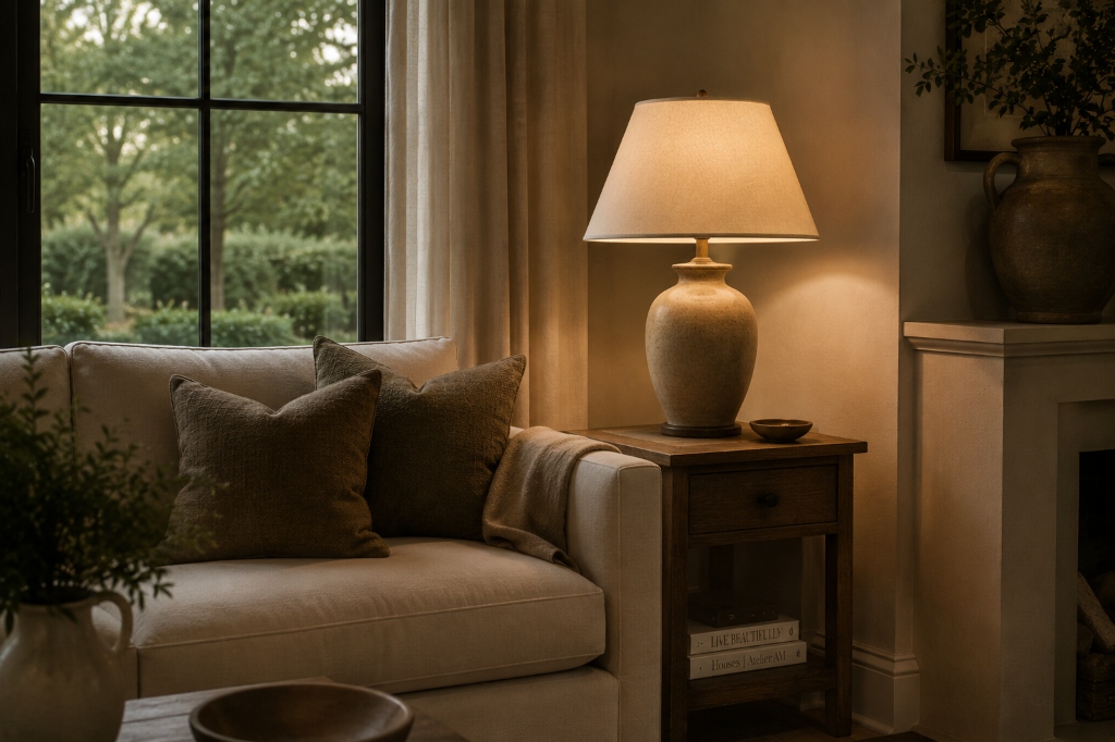 Cozy living room sofa with side table lamp