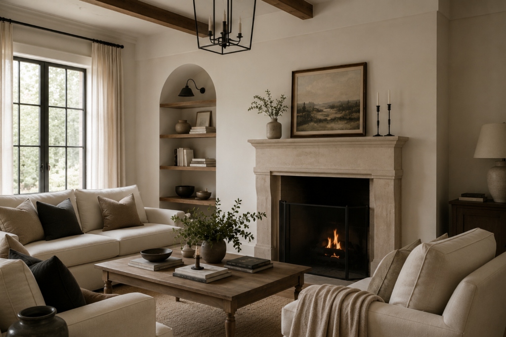 Cozy living room interior with fireplace