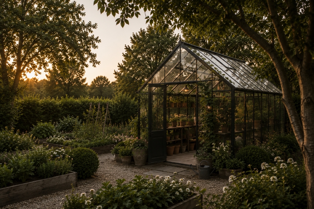Greenhouse structures in garden yard at sunset